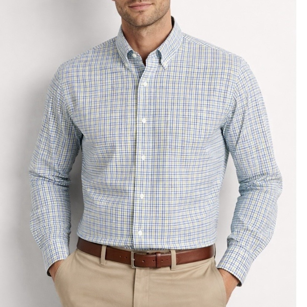 LL Bean Blue Green Check Wrinkle Free Long Sleeve Button Down Shirt XXL TALL‎